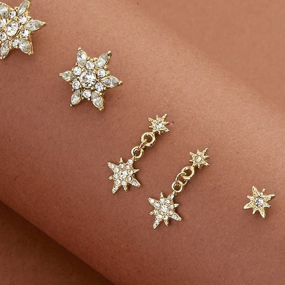 3 PAIRS Rhinestone Gold Star Decor Earrings - Picture 3 of 8